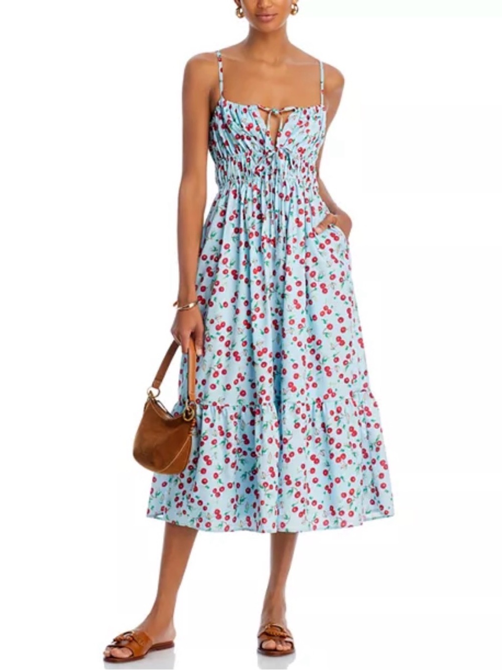 Aqua Light Blue Cherry-Print Midi Dress